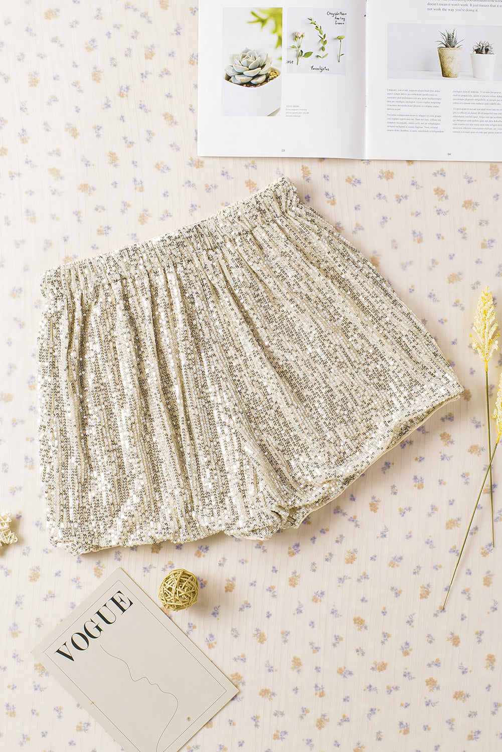 Apricot Sequin Straight Leg High Waist Casual Shorts