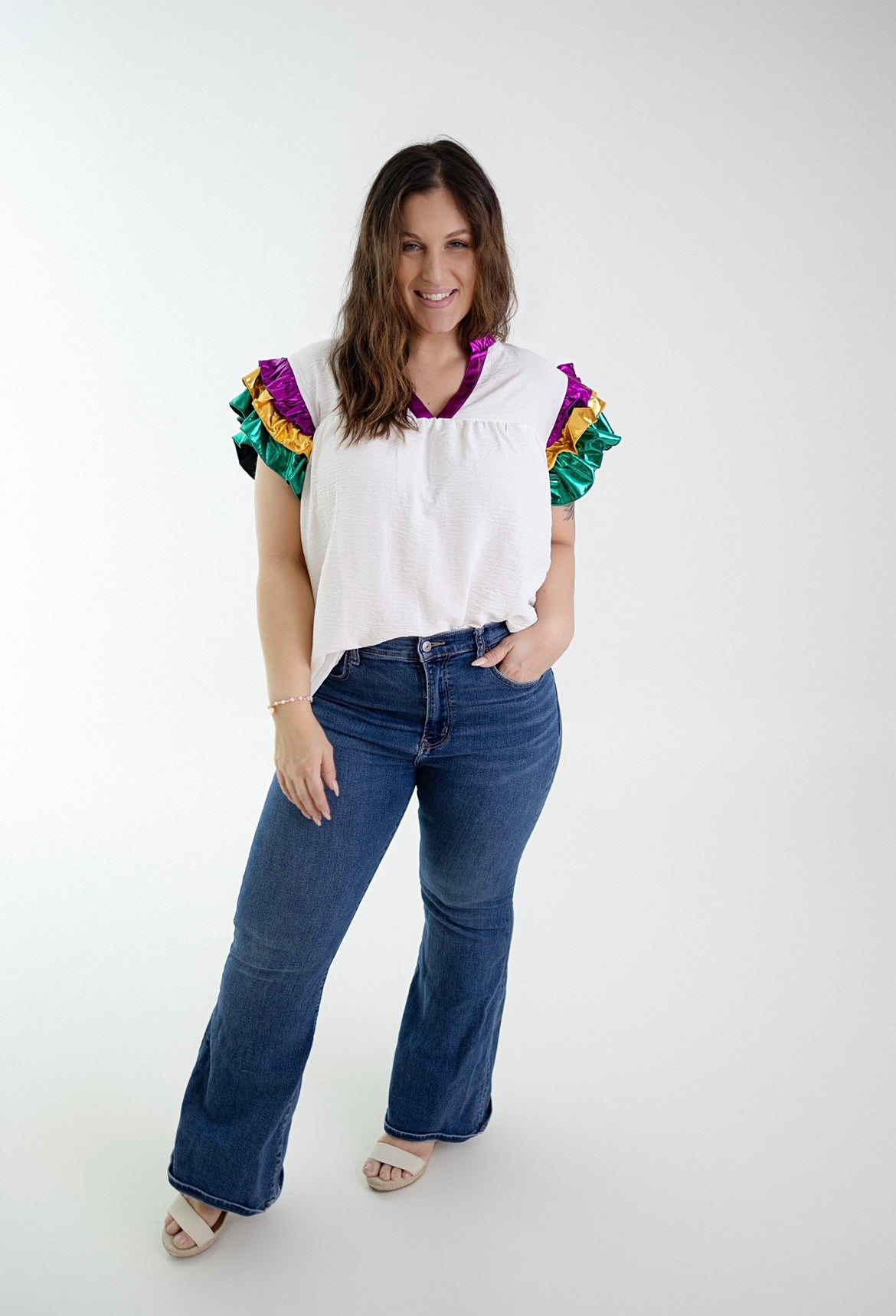MARDI GRAS MULTI COLOR FOIL RUFFLE SLEEVE TOP