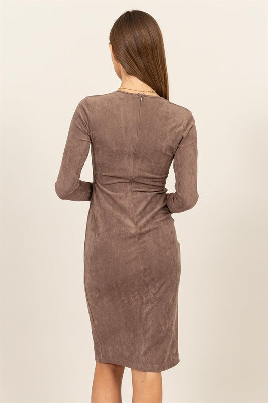 STRETCHY SUEDE SLIT MIDI DRESS