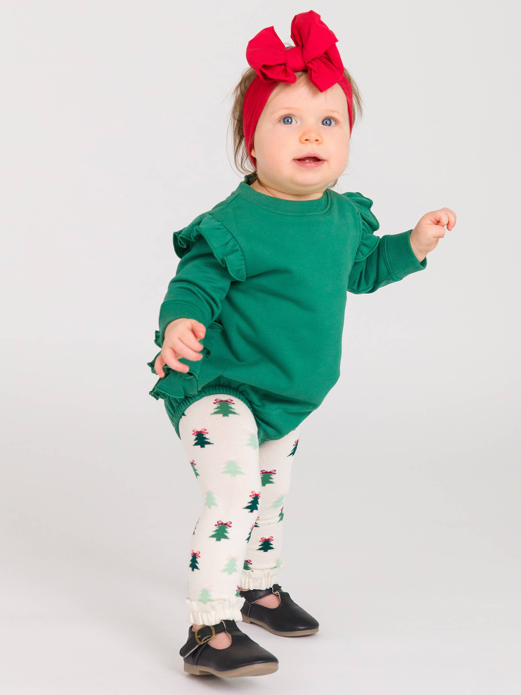 Baby Girls Fir Green Sweatshirt Bubble Romper: Green
