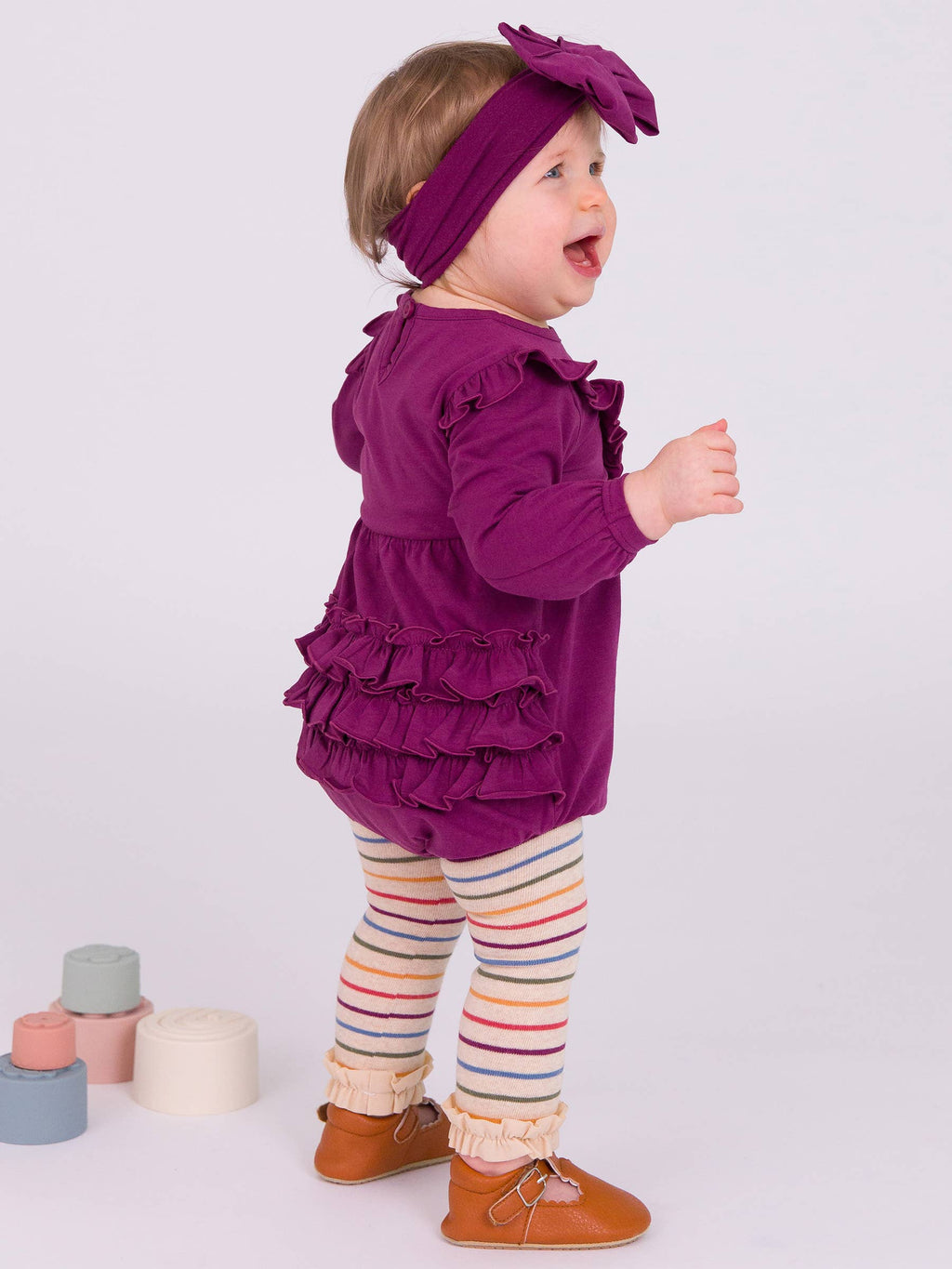 Baby Girls Eggplant Harvest Knit Long Sleeve V-Ruffle Bubble Romper: Purple