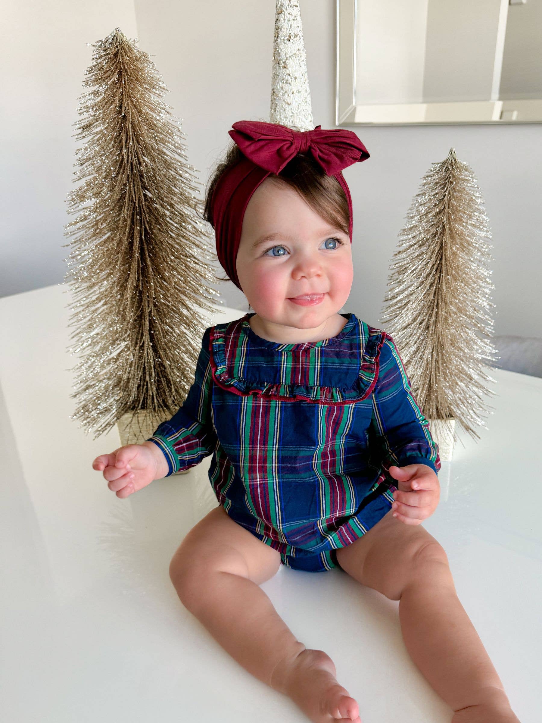 Girls Winter Nights Plaid Long Sleeve Ruffle Yoke Top: Navy