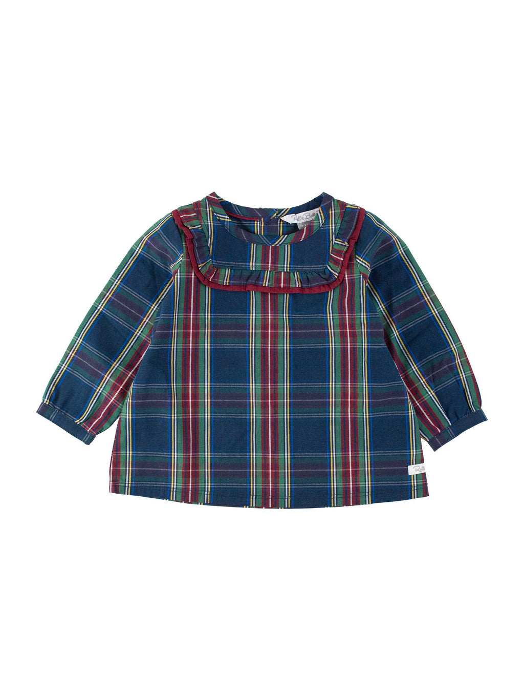 Girls Winter Nights Plaid Long Sleeve Ruffle Yoke Top: Navy