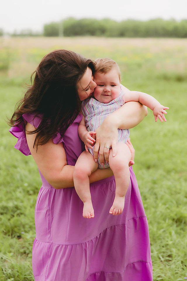 Purple ruffle sleeve midi dress