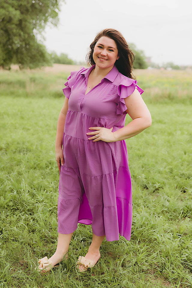 Purple ruffle sleeve midi dress