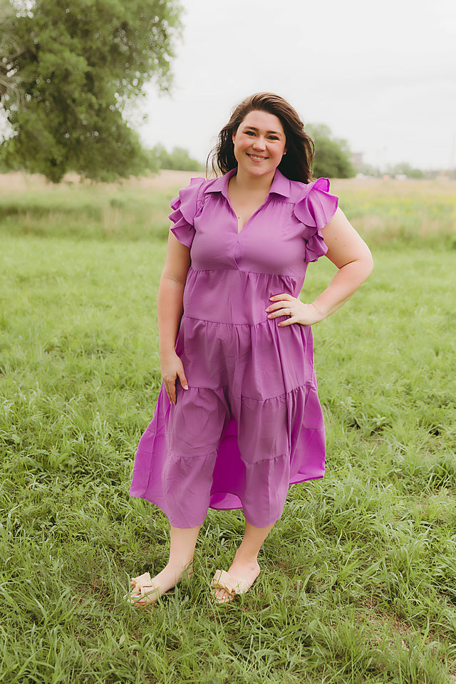 Purple ruffle sleeve midi dress