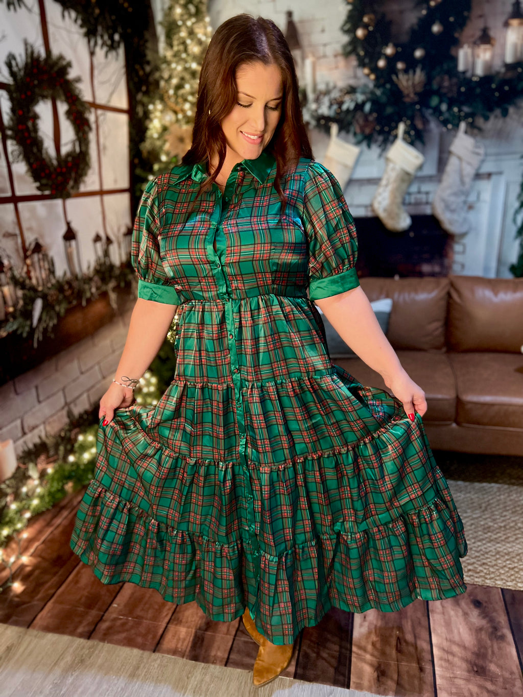 Christmas Plaid Print Silky Organza Midi Dress