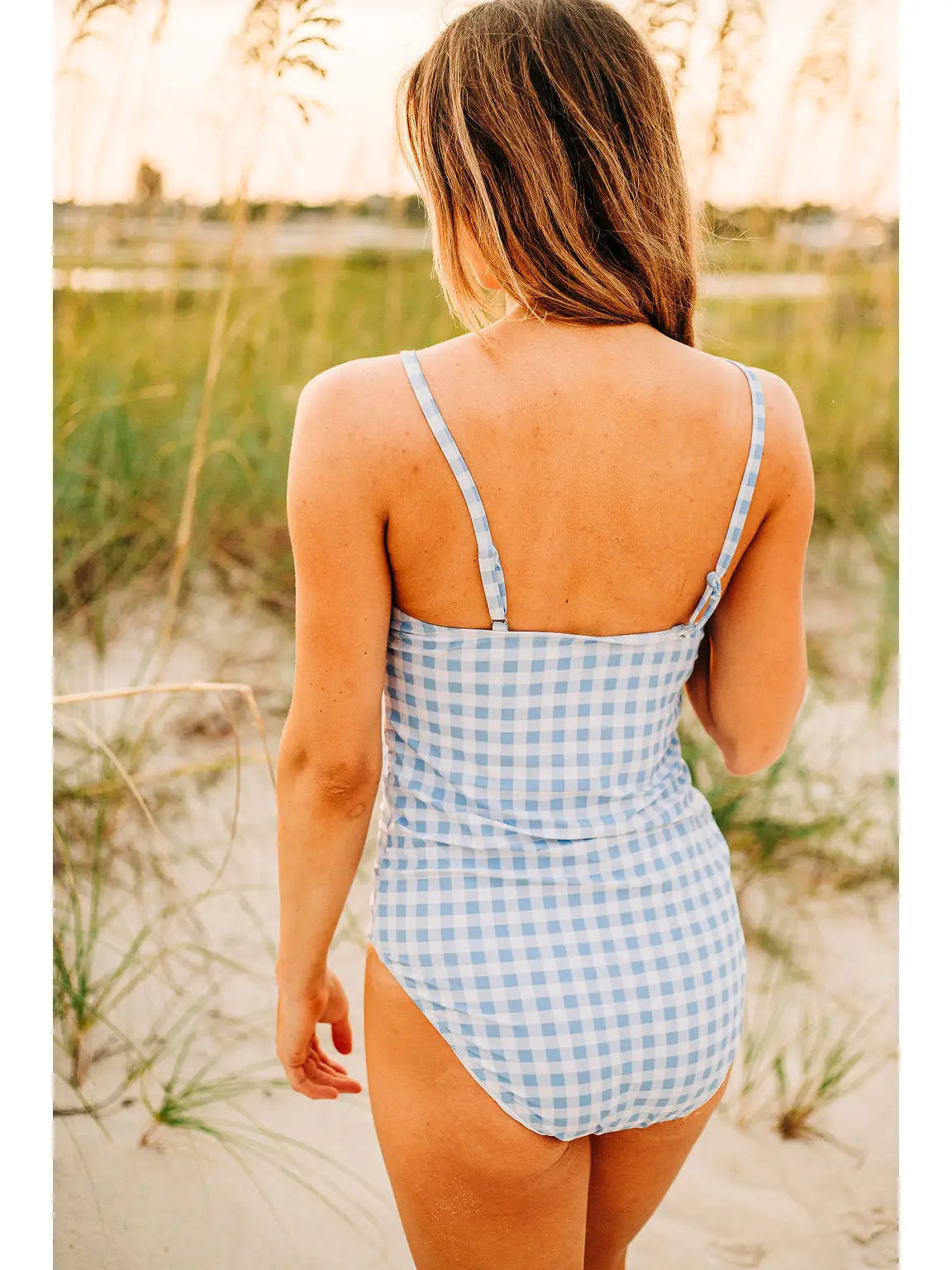 Women's Blue Gingham Flutter Sleeve Swim Suit