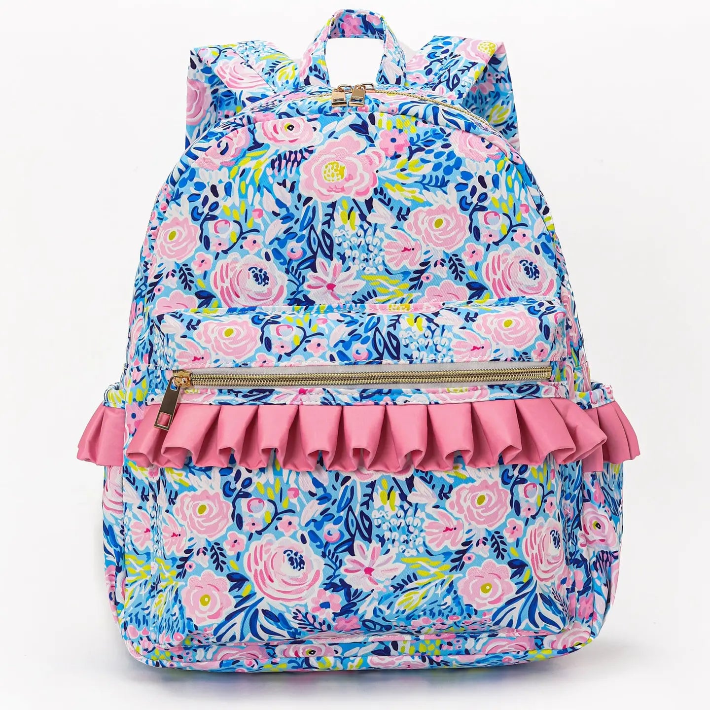 Pink Checkered Ruffle Flower Printed Backpack
