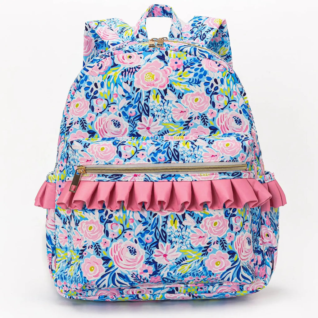 Pink Checkered Ruffle Flower Printed Backpack