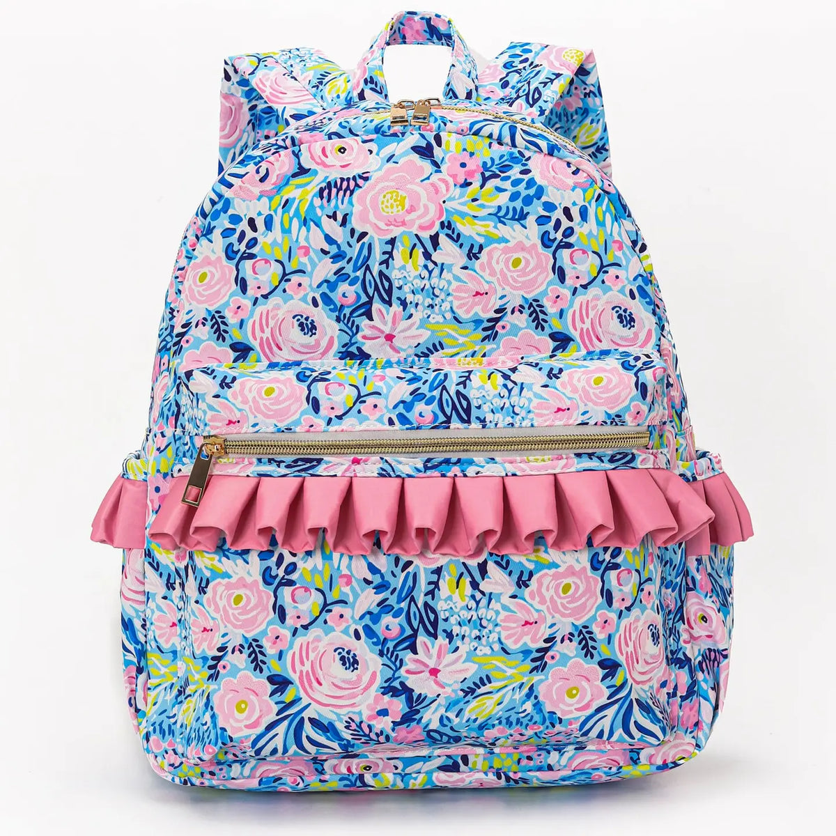 Pink Checkered Ruffle Flower Printed Backpack