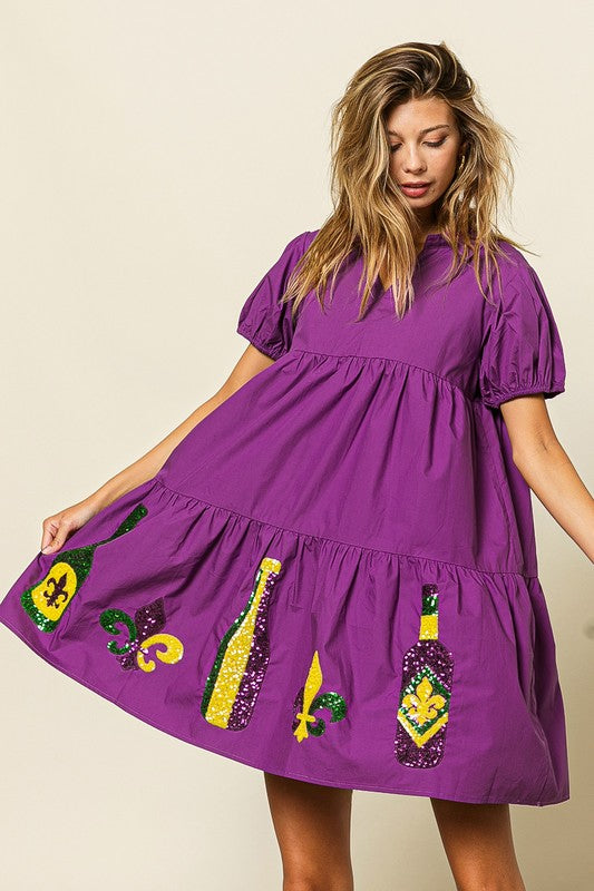 CHEERS TO MARDI! SEQUIN EMBROIDERY PUFF SLEEVE DRESS