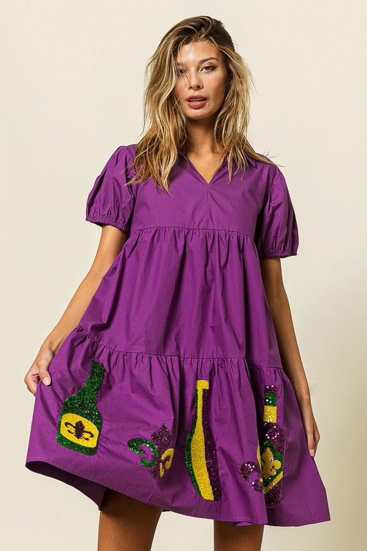 CHEERS TO MARDI! SEQUIN EMBROIDERY PUFF SLEEVE DRESS