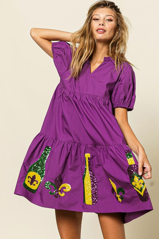 CHEERS TO MARDI! SEQUIN EMBROIDERY PUFF SLEEVE DRESS