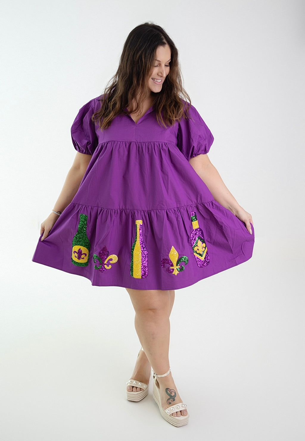 CHEERS TO MARDI! SEQUIN EMBROIDERY PUFF SLEEVE DRESS