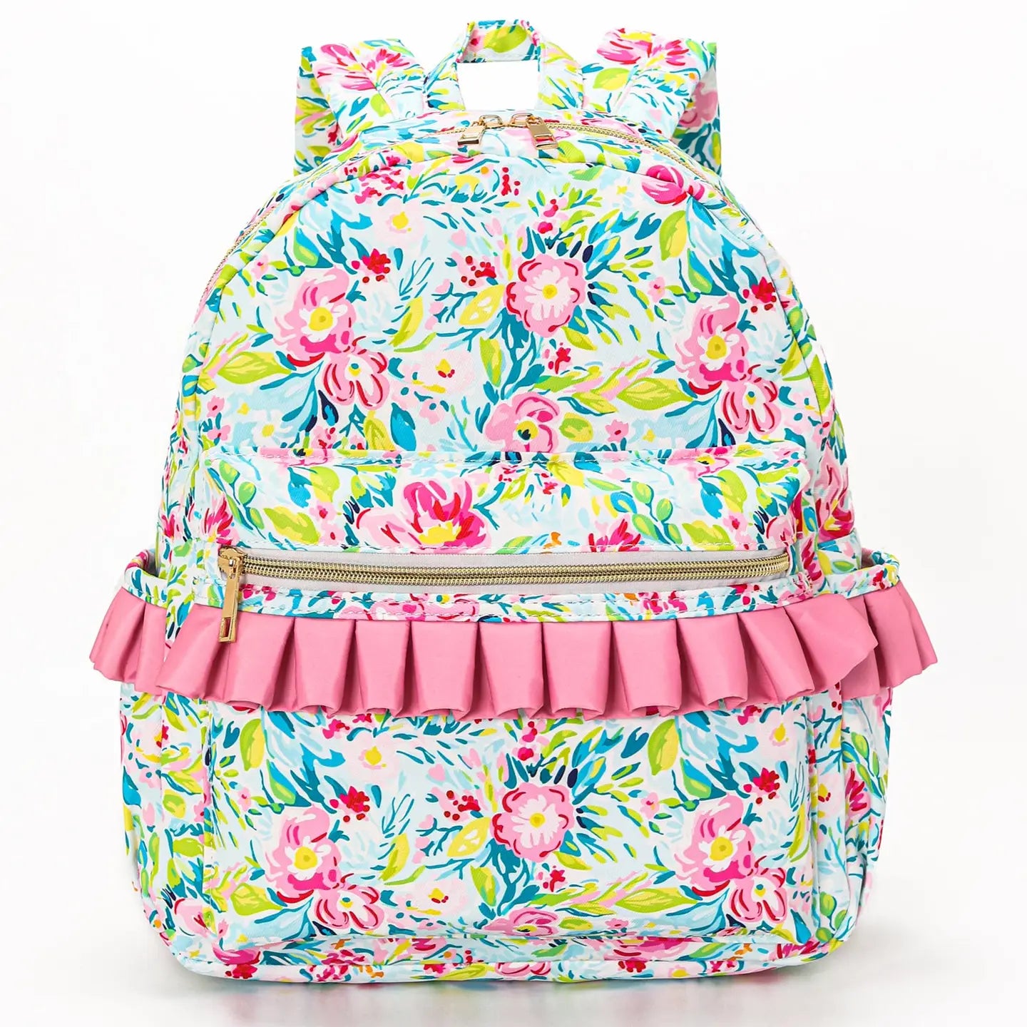 Pink Checkered Ruffle Flower Printed Backpack
