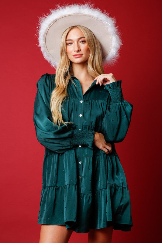 Evergreen Rhinestone Button Down Shirt Dress