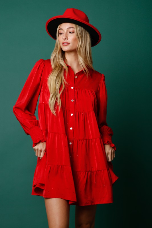 Evergreen Rhinestone Button Down Shirt Dress