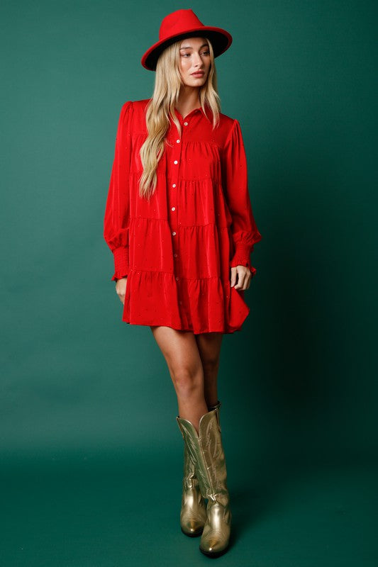 Evergreen Rhinestone Button Down Shirt Dress