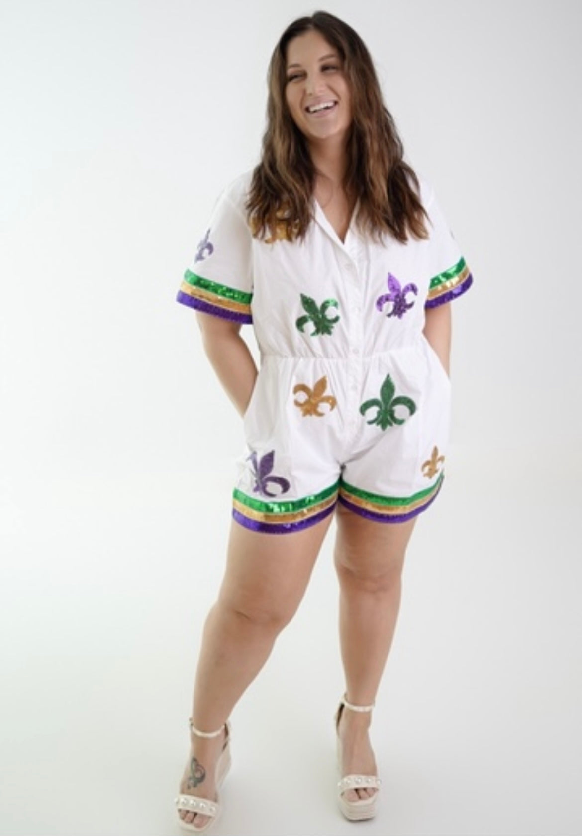 Life Of The Party Fleur De Lis Sequin Romper