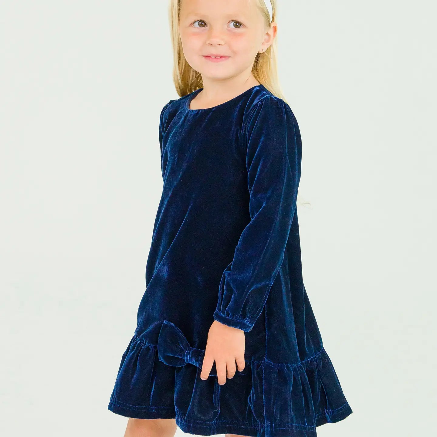 Girls Dark Navy Velvet Long Sleeve Drop Waist Dress