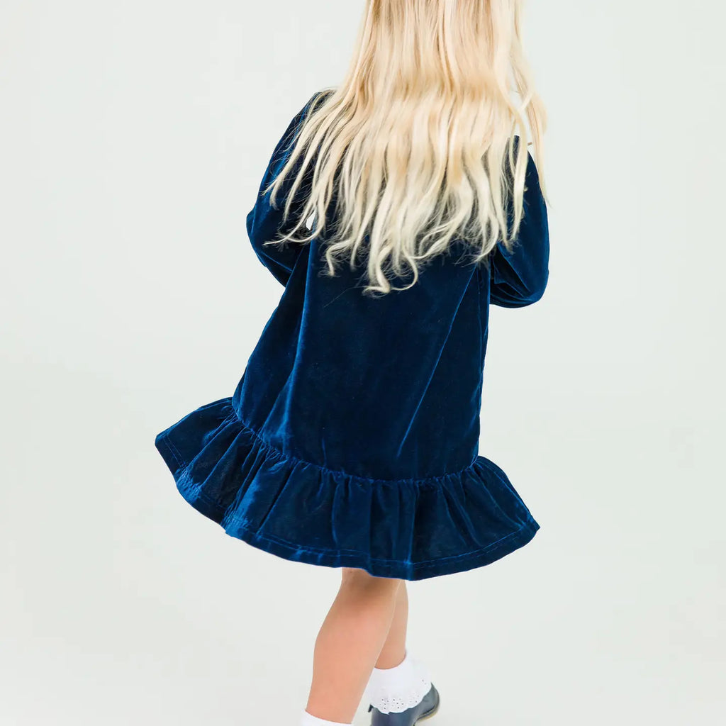 Girls Dark Navy Velvet Long Sleeve Drop Waist Dress
