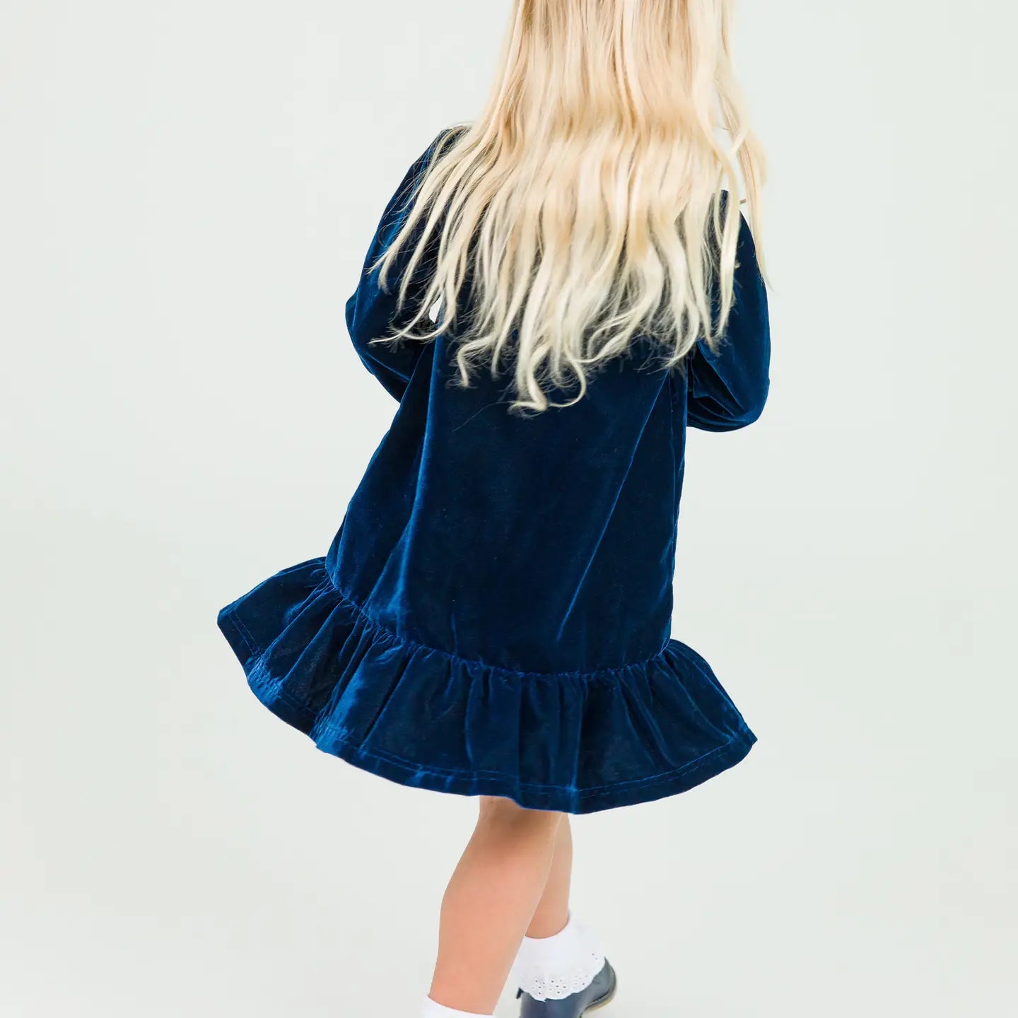 Girls Dark Navy Velvet Long Sleeve Drop Waist Dress