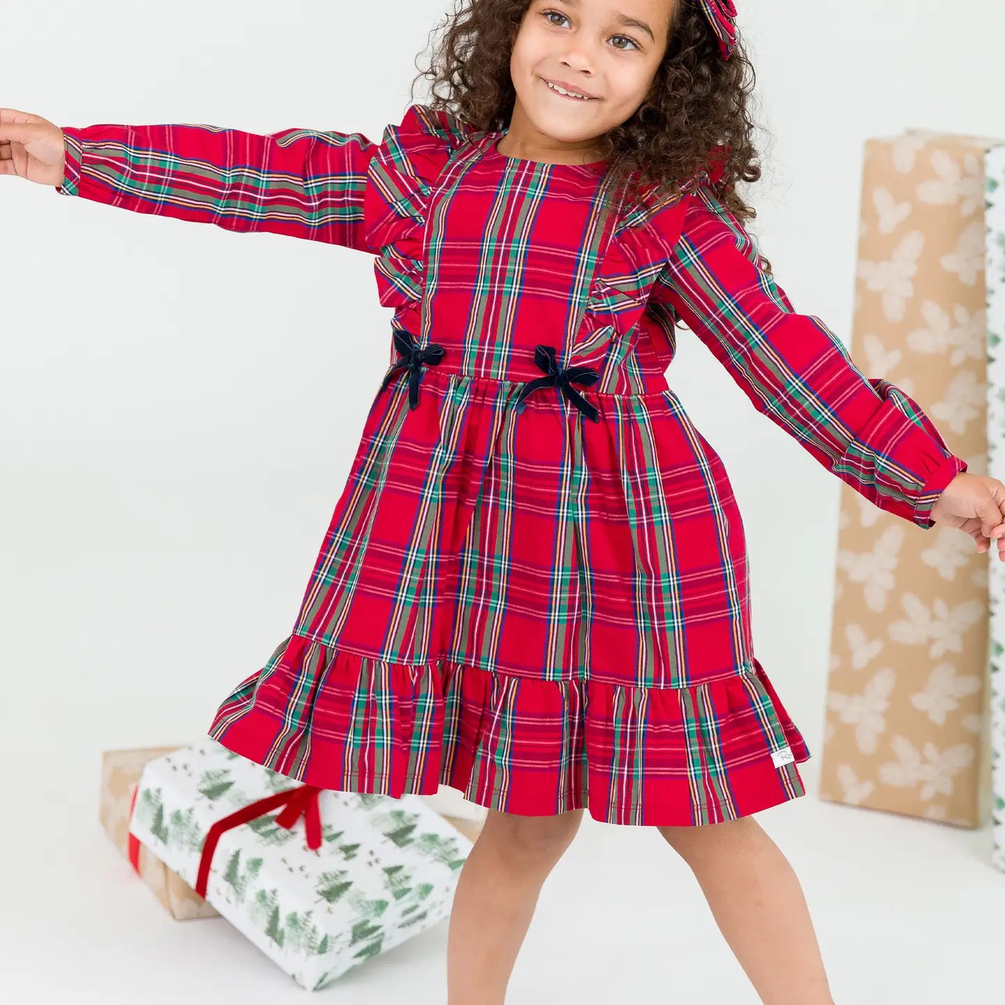 Girls Tis the Season Plaid Ruffle Bow Dress