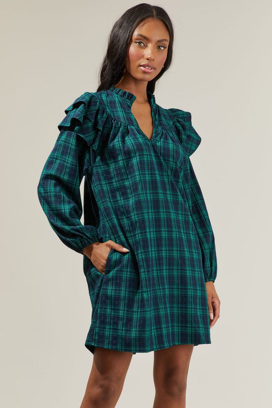 Holiday Favorite Plaid Ruffle Sleeve Dress