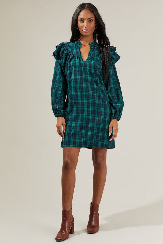 Holiday Favorite Plaid Ruffle Sleeve Dress