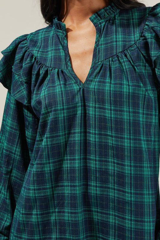 Holiday Favorite Plaid Ruffle Sleeve Dress