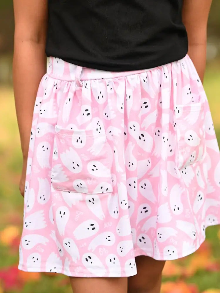 Halloween- Girl's Pocket Skort - Ghosts On Pink