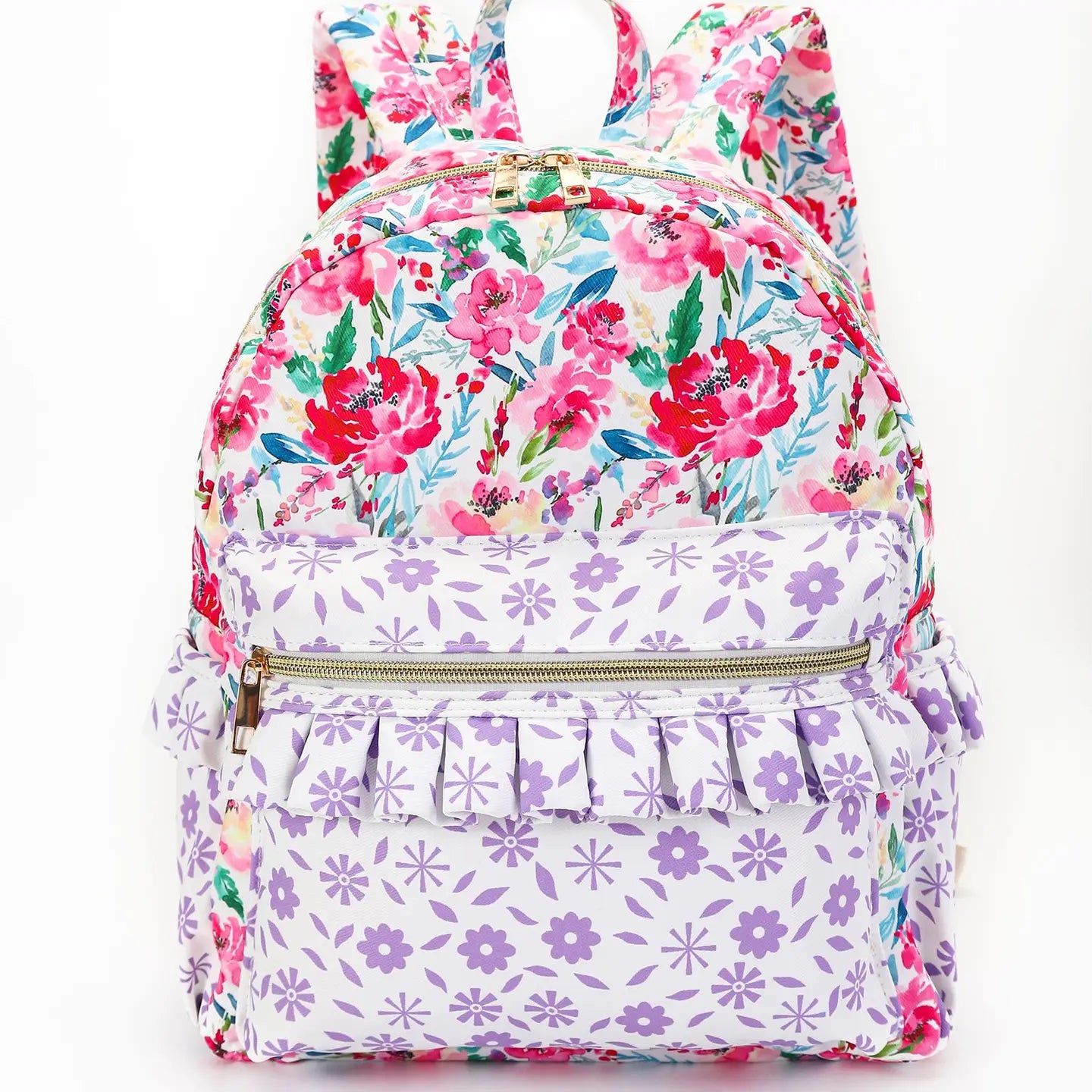 Pink Checkered Ruffle Flower Printed Backpack