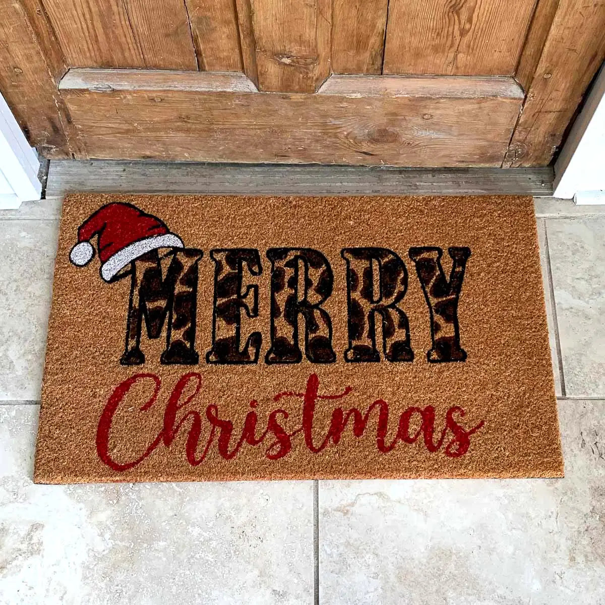Leopard Merry Christmas Coir Doormat Natural/Black/Red