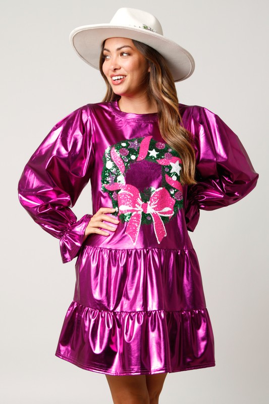 Magenta Metallic Sequin Wreath Mini Dress