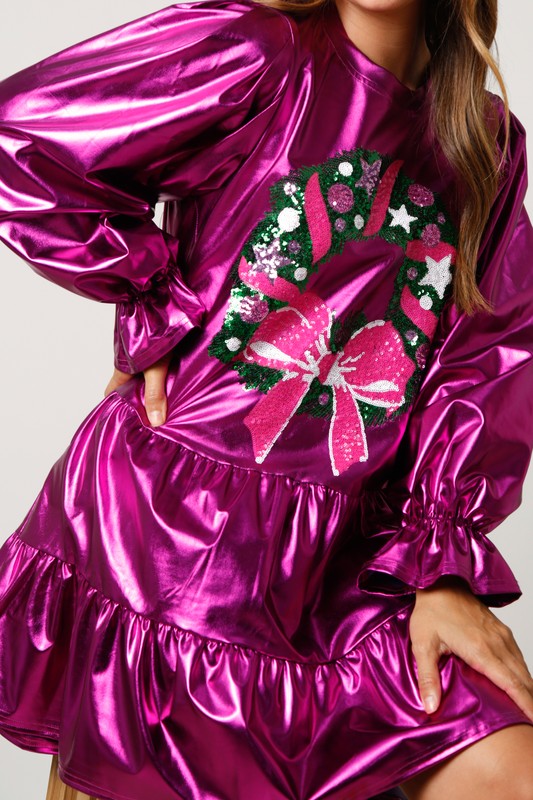 Magenta Metallic Sequin Wreath Mini Dress