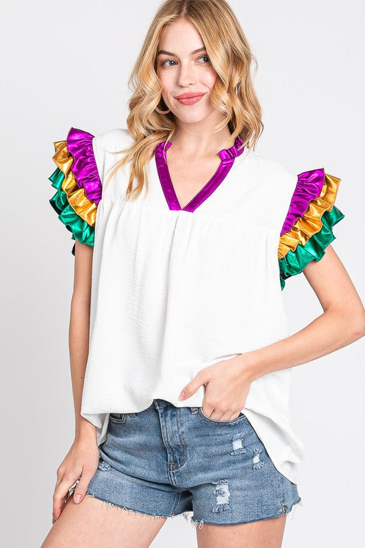 MARDI GRAS MULTI COLOR FOIL RUFFLE SLEEVE TOP