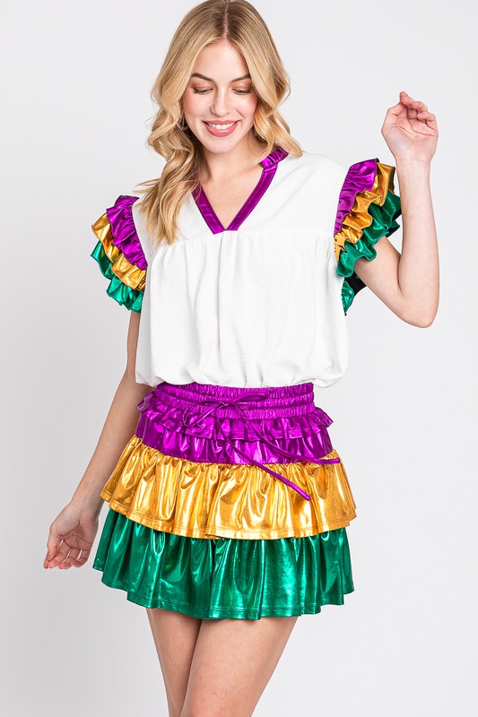 MARDI GRAS MULTI COLOR FOIL RUFFLE SLEEVE TOP