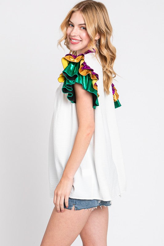 MARDI GRAS MULTI COLOR FOIL RUFFLE SLEEVE TOP