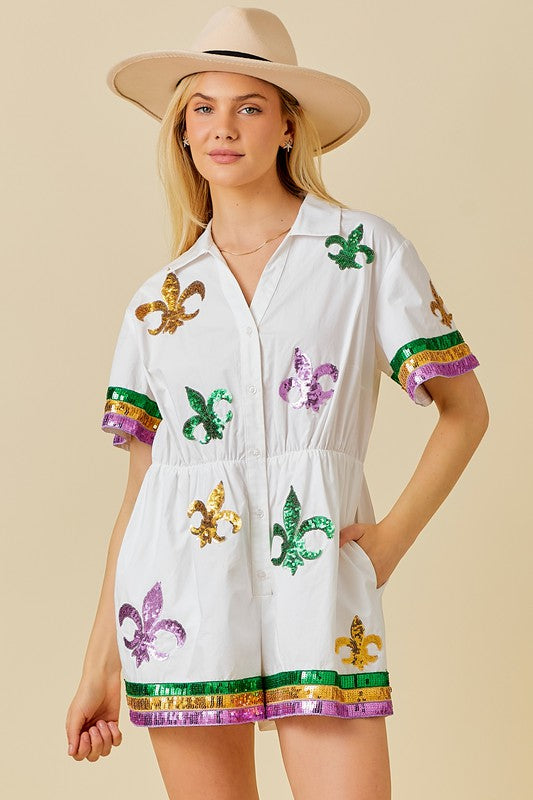 Life Of The Party Fleur De Lis Sequin Romper
