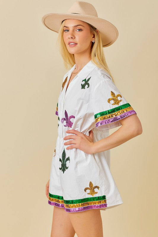Life Of The Party Fleur De Lis Sequin Romper