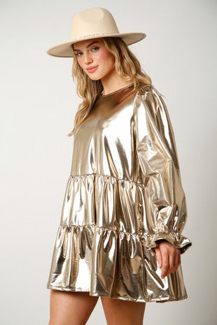 Gold Metallic Ruffle Sleeve Dress