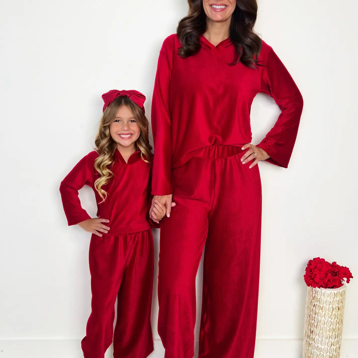 Mommy and Me Cozy Luxe Red Velvet Hooded Pant Set