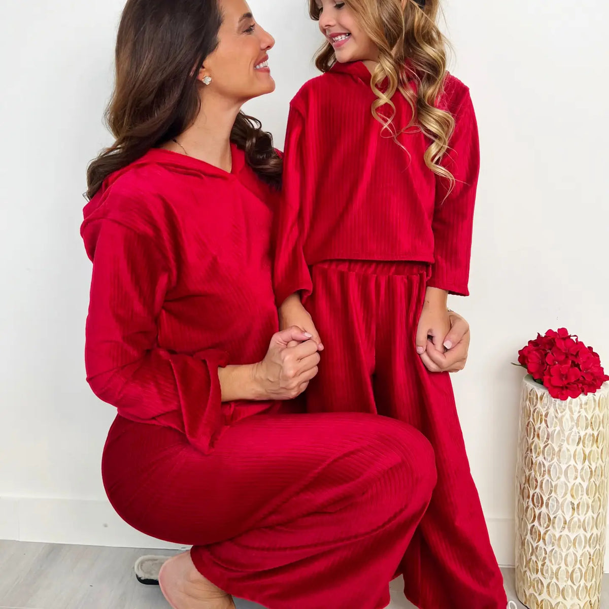 Mommy and Me Cozy Luxe Red Velvet Hooded Pant Set