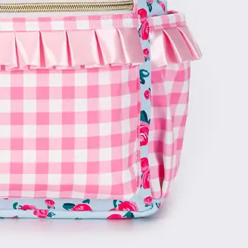 Pink Checkered Ruffle Flower Printed Backpack