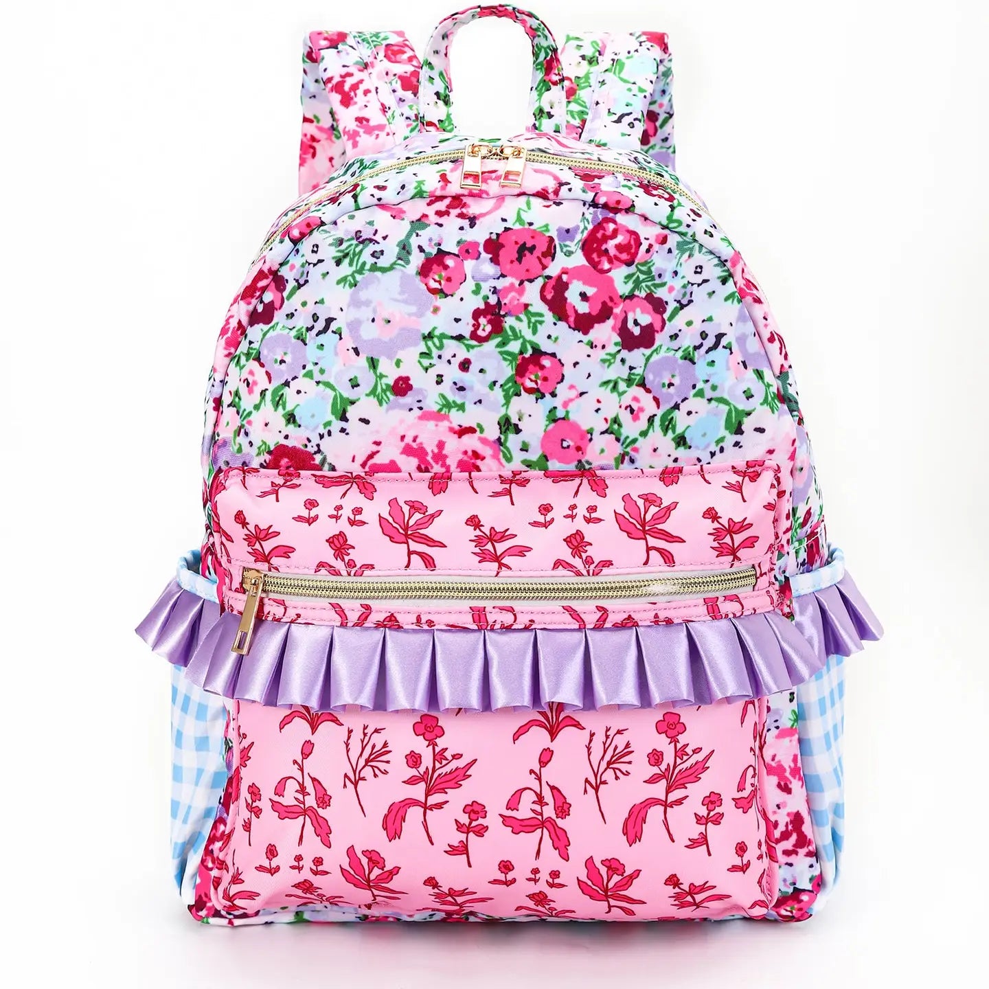 Pink Checkered Ruffle Flower Printed Backpack