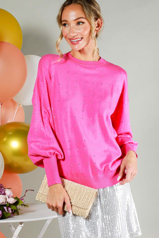 PRE ORDER LONG BALLOON SLEEVE RHINESTONE DETAIL SWEATER TOP