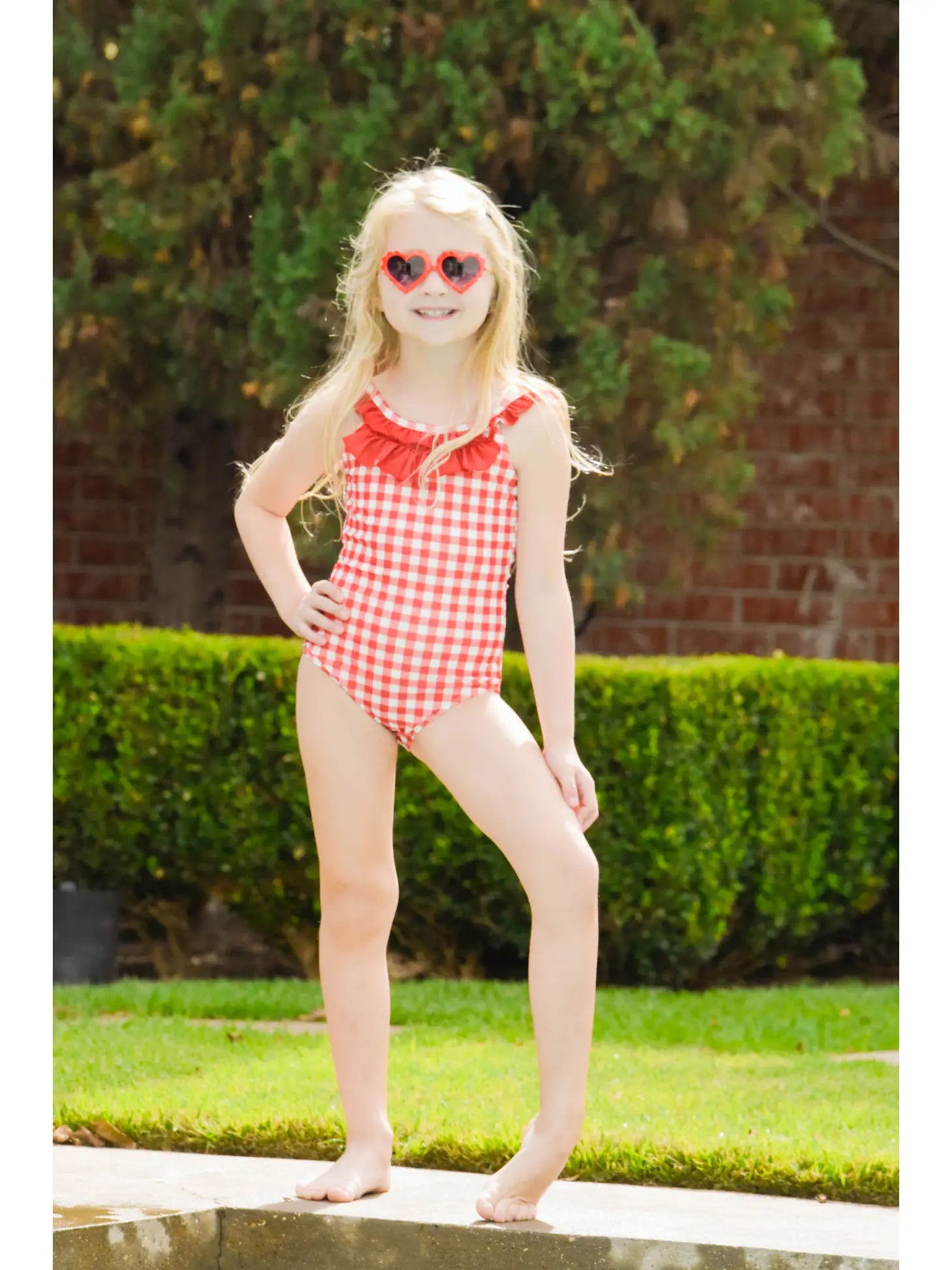 Red Gingham Ruffle Bottom Swimsuit