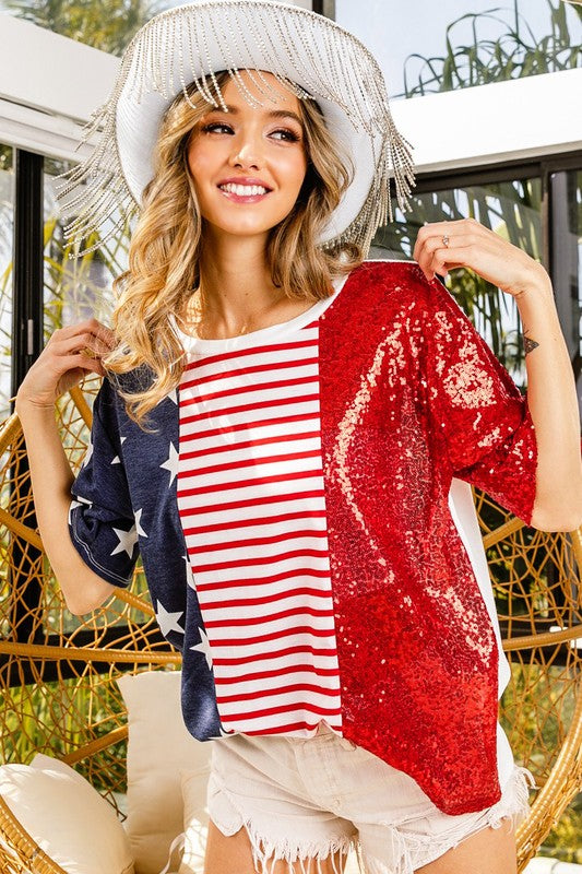 STARS AND STRIPES SEQUIN BLOCKED CREW NECK TOP