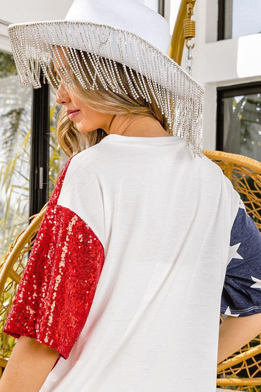 STARS AND STRIPES SEQUIN BLOCKED CREW NECK TOP